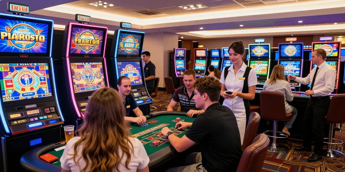 Players enjoying slot terpercaya gaming in a lively casino atmosphere with bright lights.