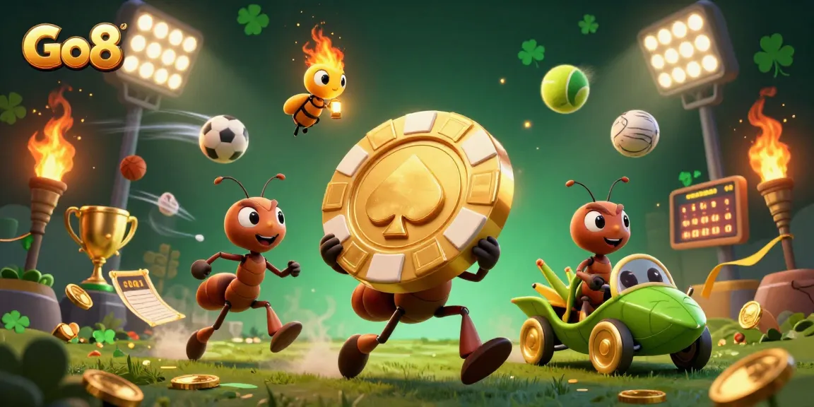 Go8 showcases a dynamic scene of ants performing a heist with oversized poker chips in a vibrant casino atmosphere.