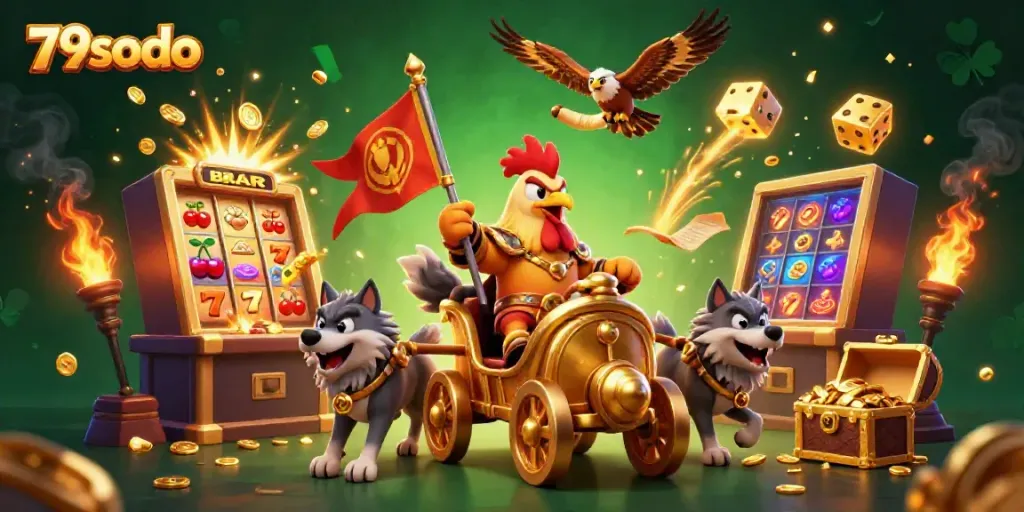 Experience excitement at 79sodo with a dynamic 3D illustration of a casino scene featuring a rooster warlord and jackpot elements.