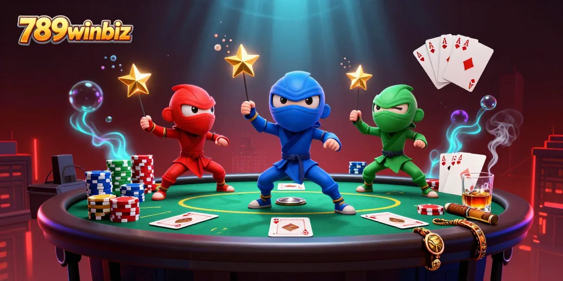 Engage with 789winbiz's dynamic gaming world featuring colorful chameleon ninjas at a poker table.