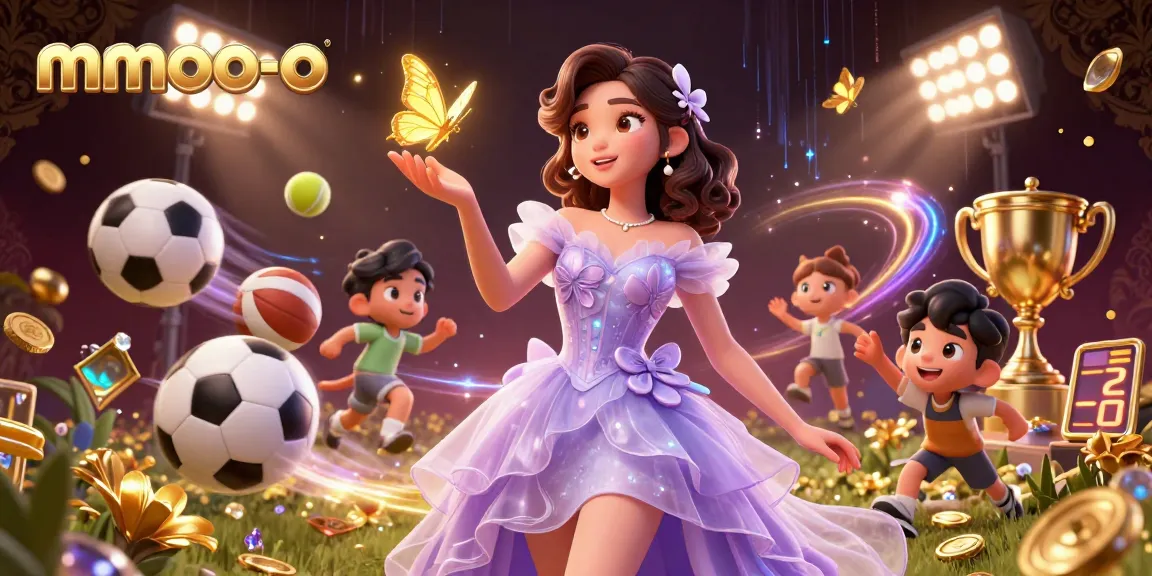 Experience thrilling wins at mmoo-o with a stunning Asian woman amidst dynamic sports elements.