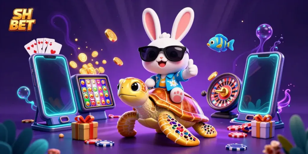 Experience the excitement of SH BET with a lucky rabbit and giant turtle in vibrant casino-themed illustration.
