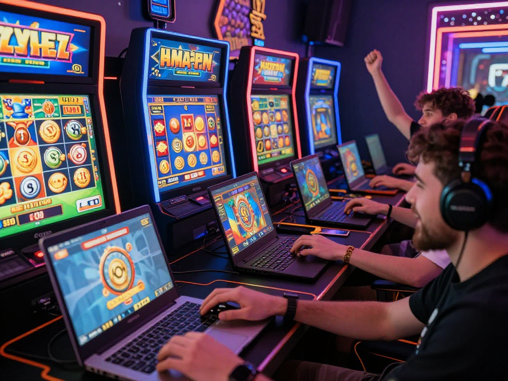 Excited players celebrating winnings while engaging with gacor slot games in a modern gaming lounge.