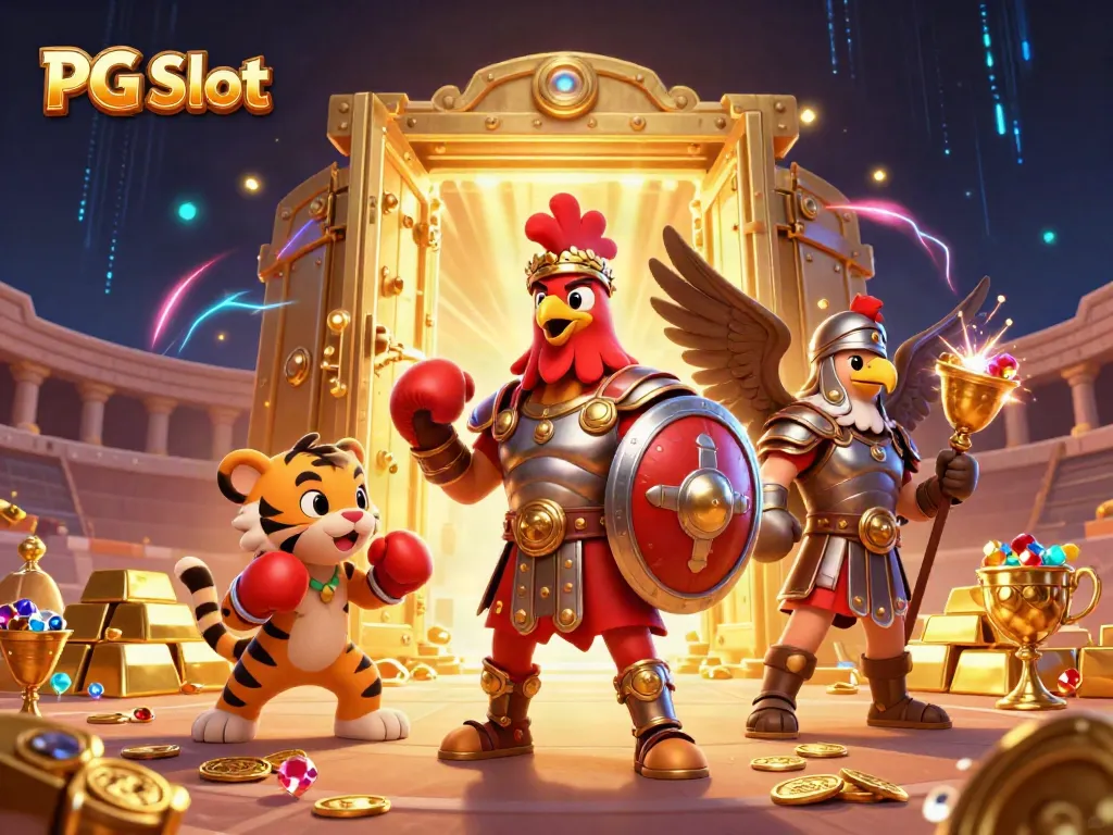 Experience thrilling PG Slot action with a vibrant scene displaying a gladiator rooster and treasures.