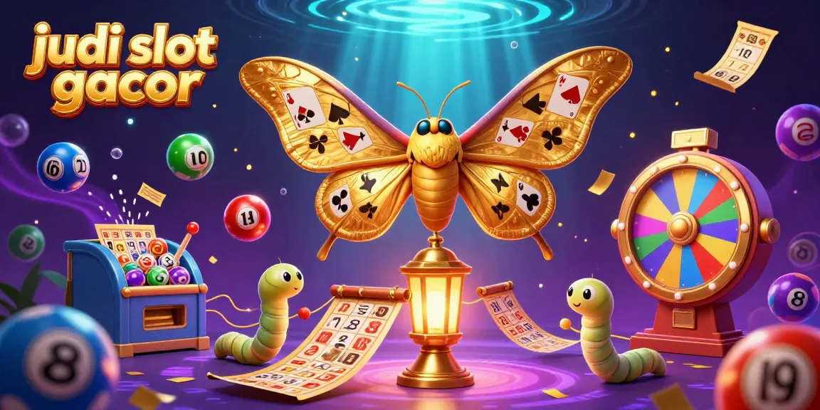 Experience the thrilling judi slot gacor atmosphere with a vibrant 3D scene featuring golden moths and casino elements.