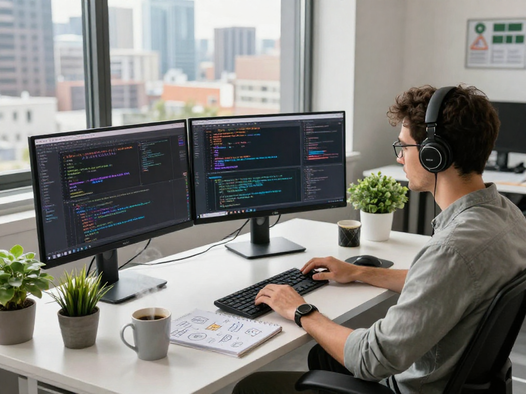 Motchill developer in a vibrant workspace coding with multiple monitors and coffee, reflecting tech innovation.