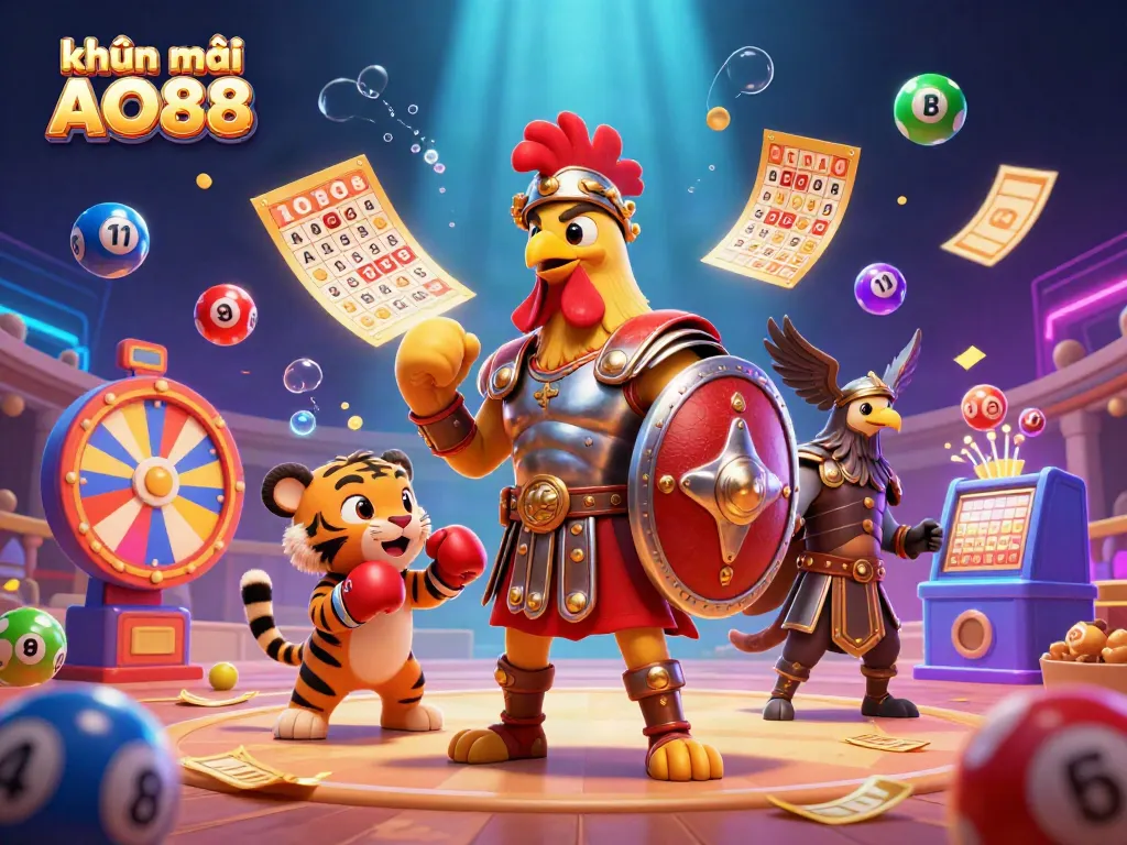 Join the festive action at khuyến mãi AO88 with exciting games, featuring a rooster gladiator and vibrant lottery elements.