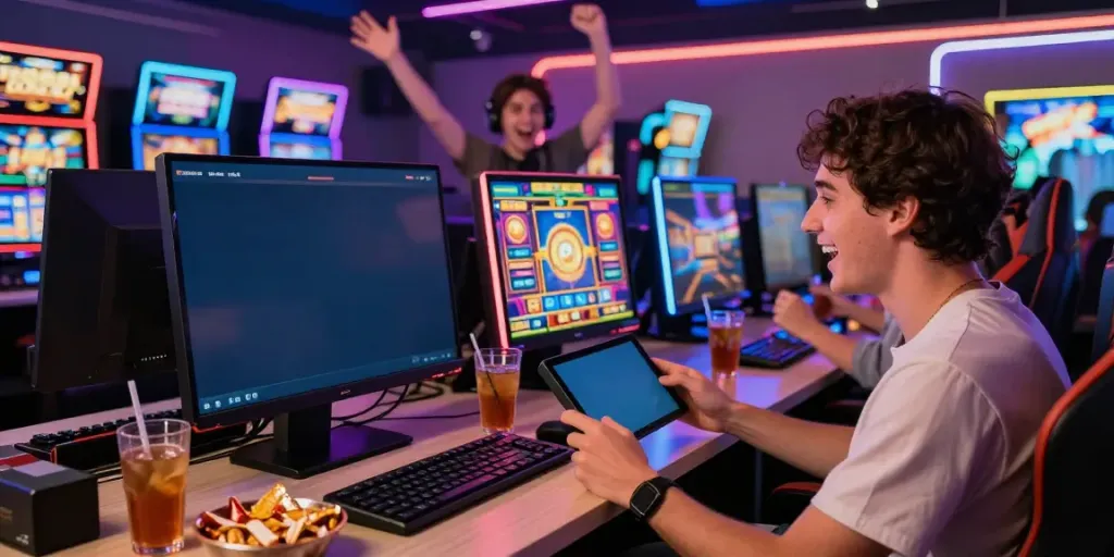 Excited player enjoying an online slot game in a vibrant gaming lounge.