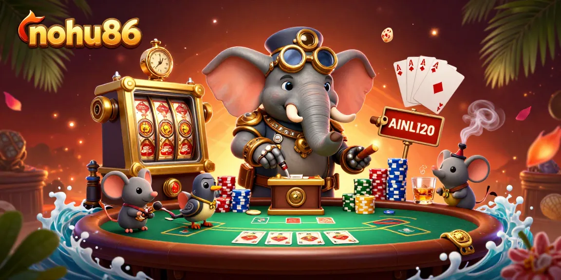 Nohu86 engages players with vibrant slot machines and animated characters in a steampunk casino.