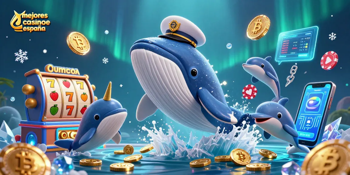 Descubre los mejores casinos online en España con una escena vibrante de una ballena 3D rodeada de monedas y juegos.