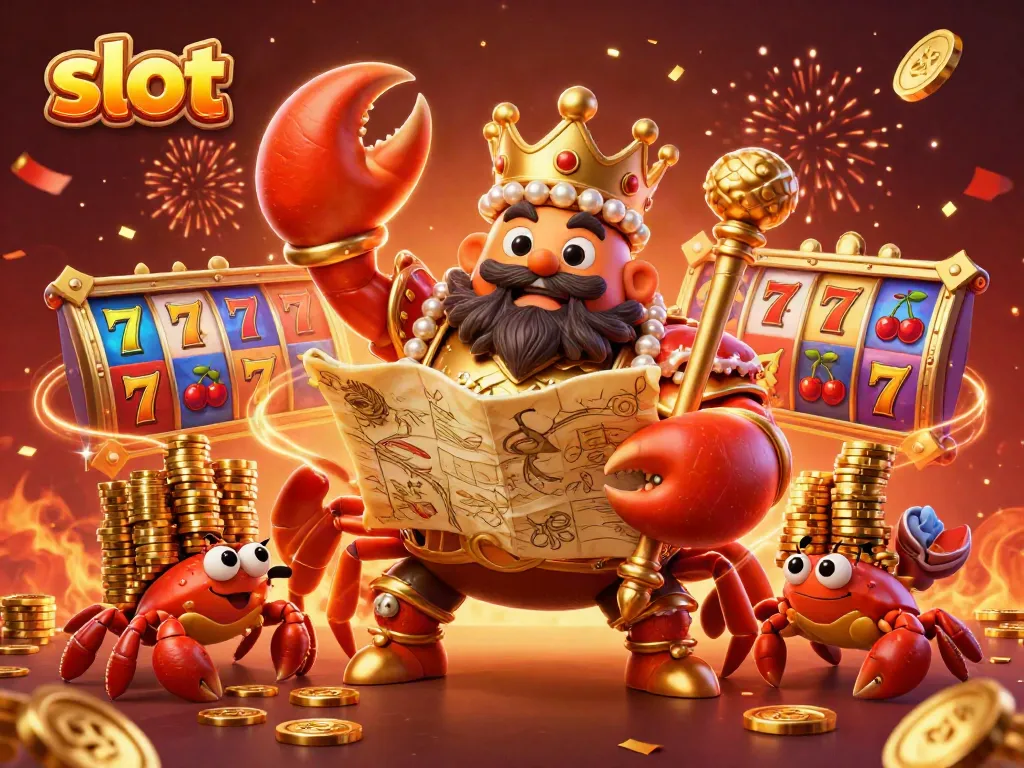 Permainan slot yang menarik dengan kepiting emas raksasa dan simbol keberuntungan yang berkilau.