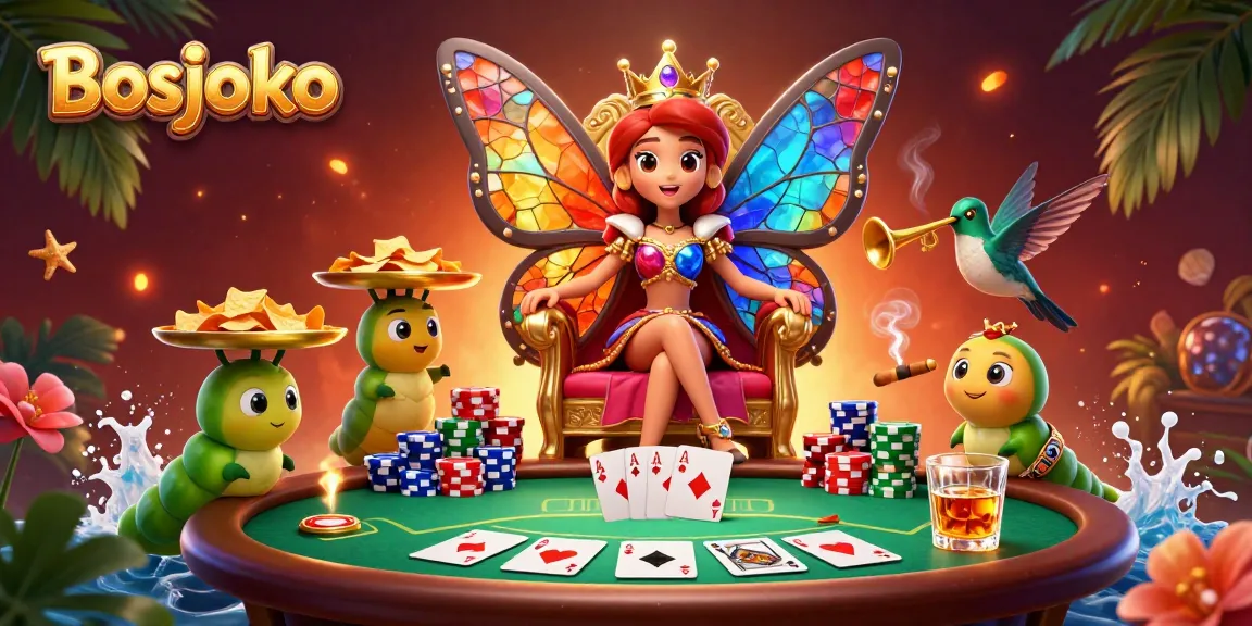 Experience the excitement of Bosjoko with a vibrant casino scene featuring a butterfly queen and poker elements.