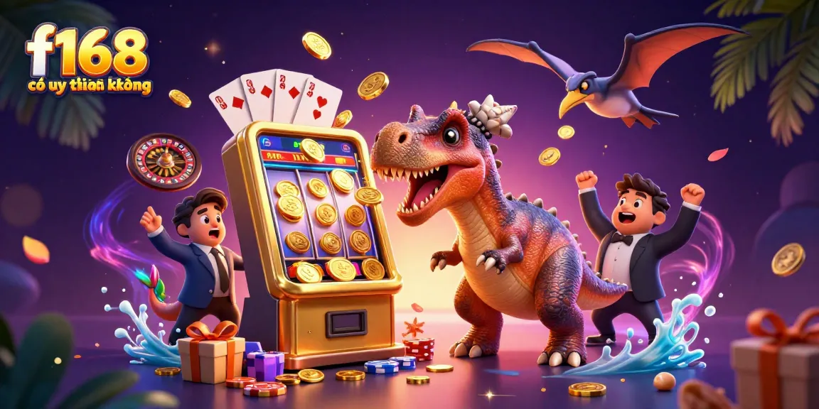 Catch the jackpot at f168 có uy tín không with a playful scene of a dinosaur and casino elements.