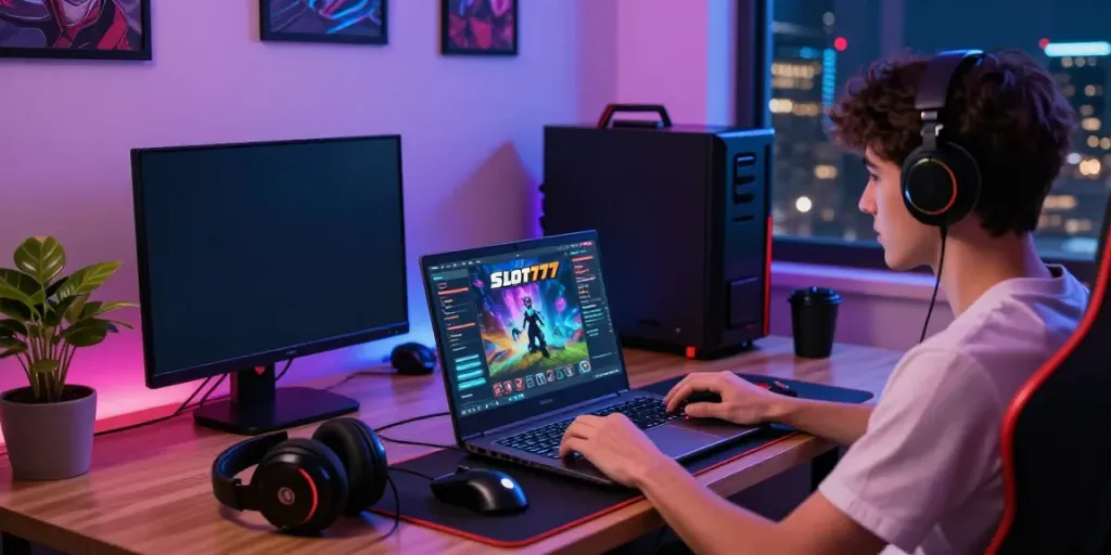 Pengguna bermain Slot777 online dengan laptop dan dekorasi gaming menarik.