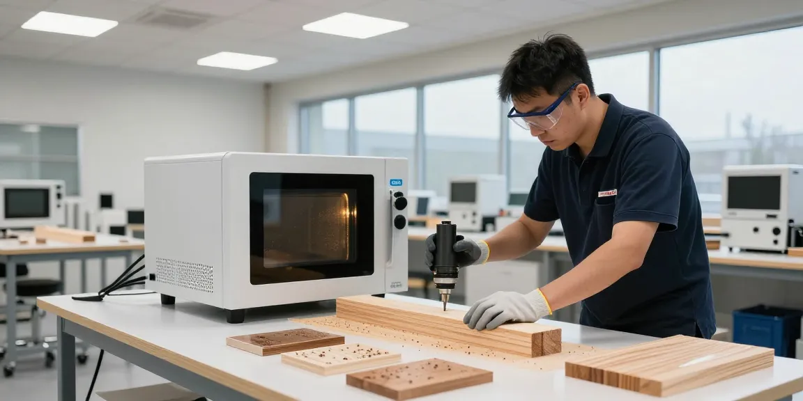 Shashel microwave device in use for chemical-free wood treatment against wood-boring insects.