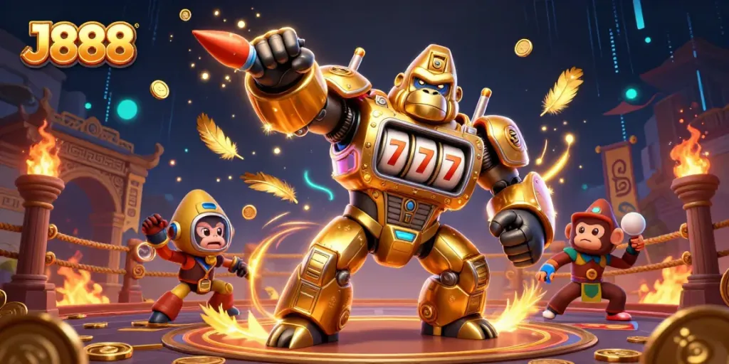 Experience J888's thrilling gaming scene with a golden gorilla mech and coins flying everywhere.