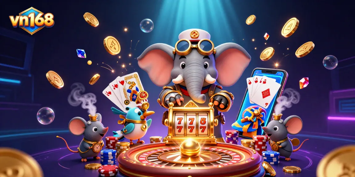 Engage with exciting gameplay at vn168 while the steampunk elephant operates a golden slot machine.