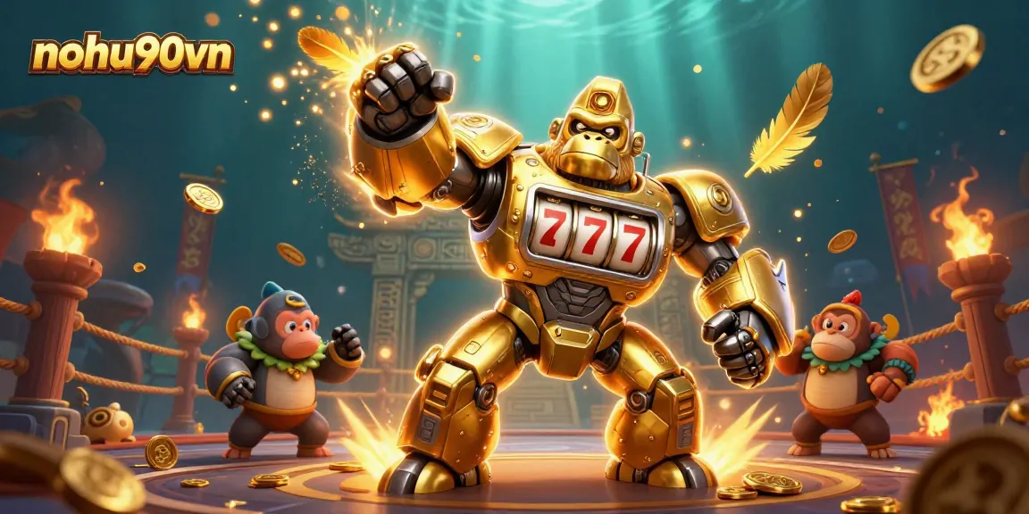 Nohu90vn features an exciting 3D cartoon golden gorilla mech celebrating a jackpot with coins and slot symbols.