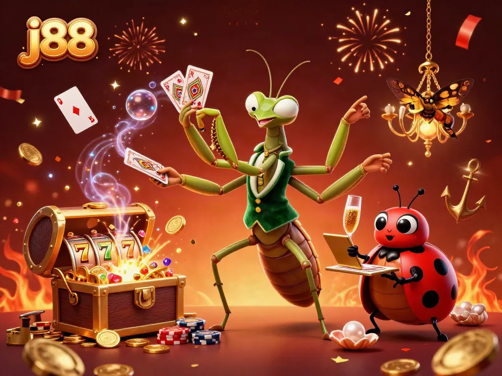 Engaging j88 casino scene with a mantis dealer and ladybug pit boss amidst festive elements and gold treasures.