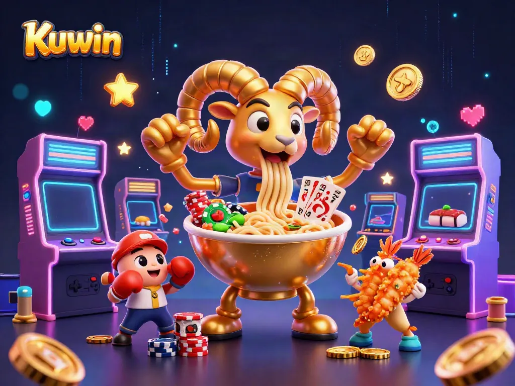 Kuwin promotes an engaging casino experience with a lively scene featuring a golden ramen bowl character, vibrant arcade elements, and dynamic gaming action.