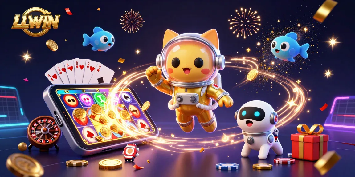 LLWIN offers exciting gameplay with a 3D animated cat and robot dog in a vibrant slot gaming scene.