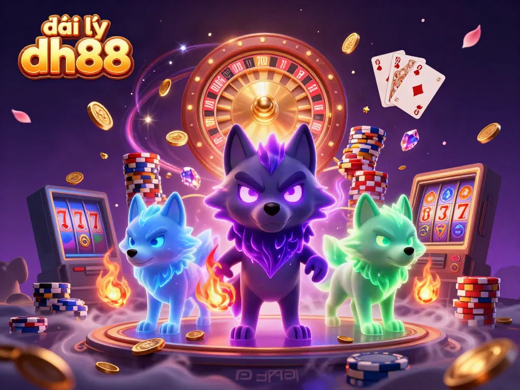 Engage with đại lý dh88 featuring a glowing shadow wolf and ghostly companions amidst dynamic casino elements.