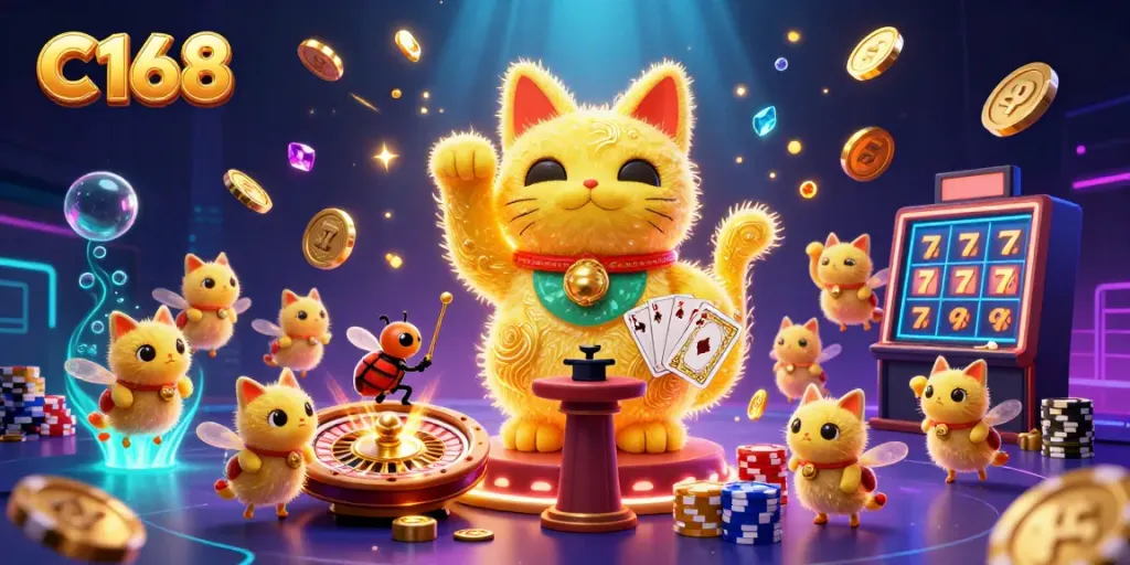 Experience exciting games at C168 with golden cat and vibrant casino elements in a dazzling 3D scene.