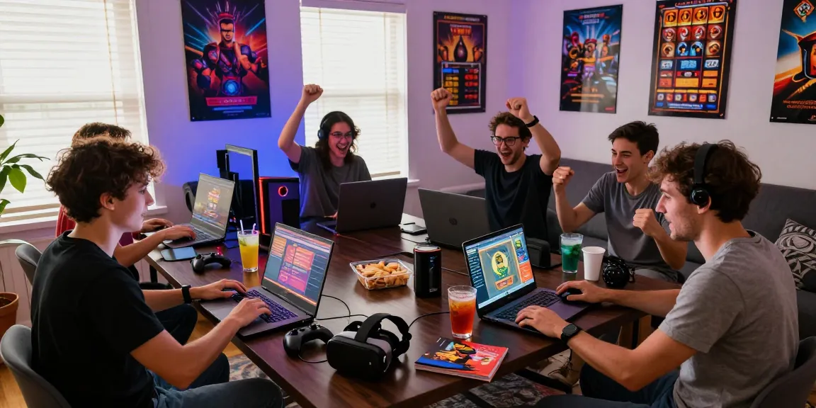Friends enjoying HWGSLOT games in a vibrant gaming room.