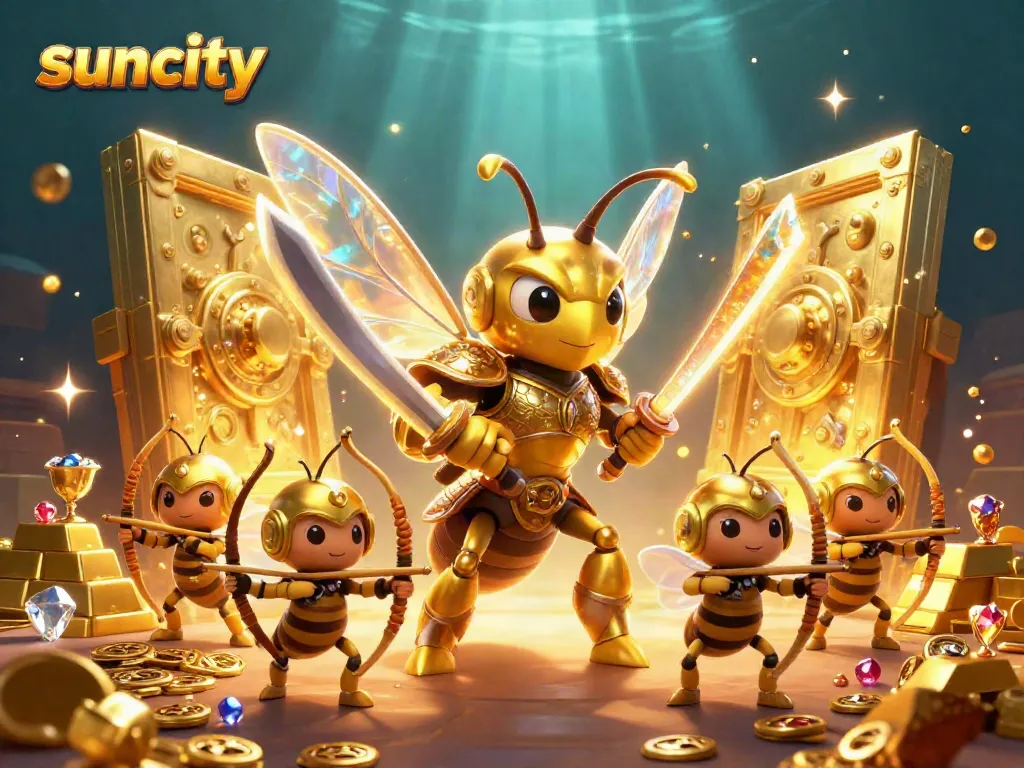 Engage with the exciting suncity scene featuring a golden hornet warrior surrounded by treasure and gambling elements.