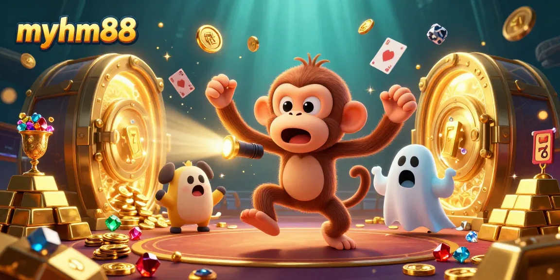 Experience the thrilling myhm88 gaming action with a whimsical haunted casino scene featuring a mischievous monkey and a curious puppy.