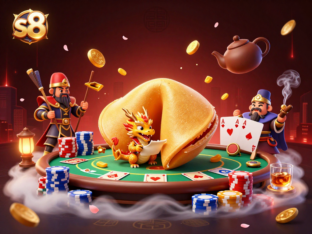 Engage in exciting s8 experiences with a dynamic scene of a golden fortune cookie and poker elements.