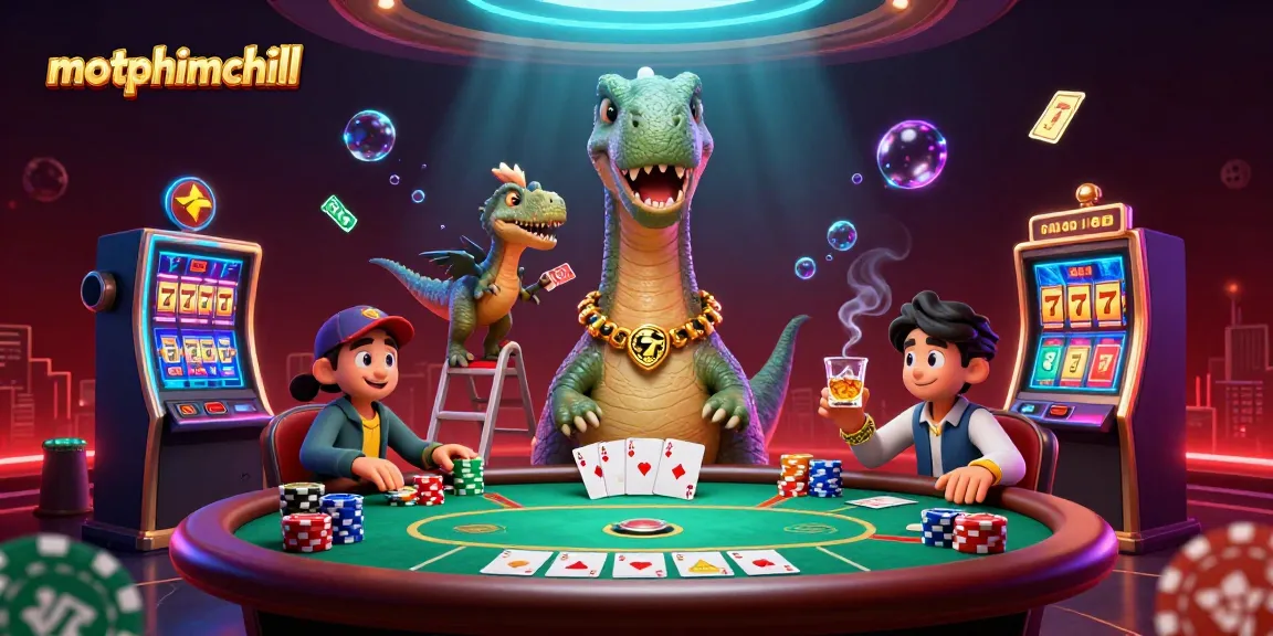Experience motphimchill as a brontosaurus oversees a vibrant poker scene filled with excitement.