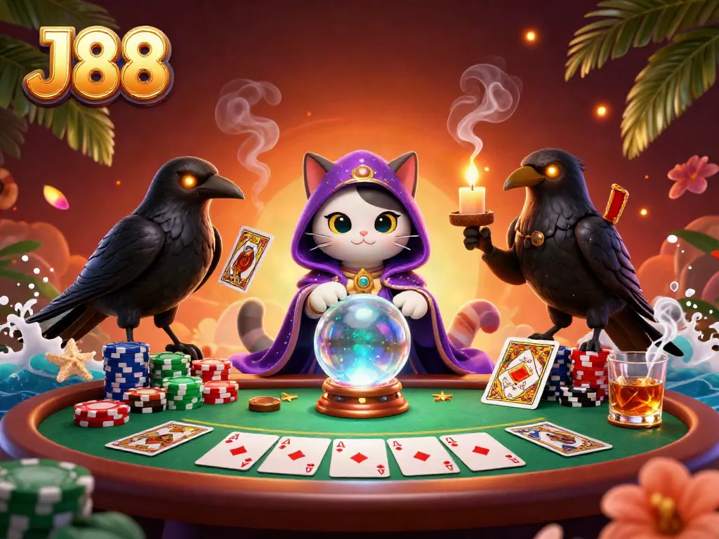 Experience thrilling J88 casino action with a 3D cartoon mystic cat and raven surrounded by poker elements.