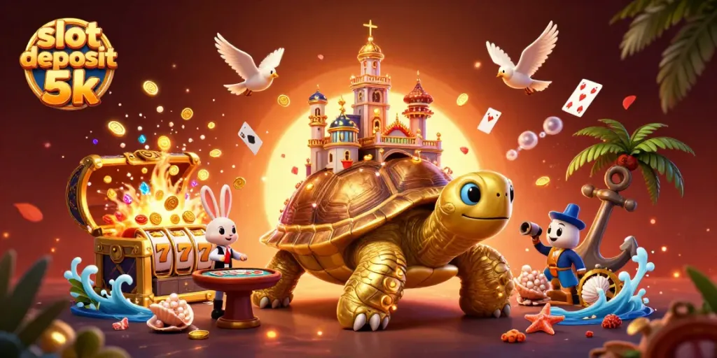 Experience the excitement of slot deposit 5k with a vibrant 3D casino scene filled with gold coins and lively characters.