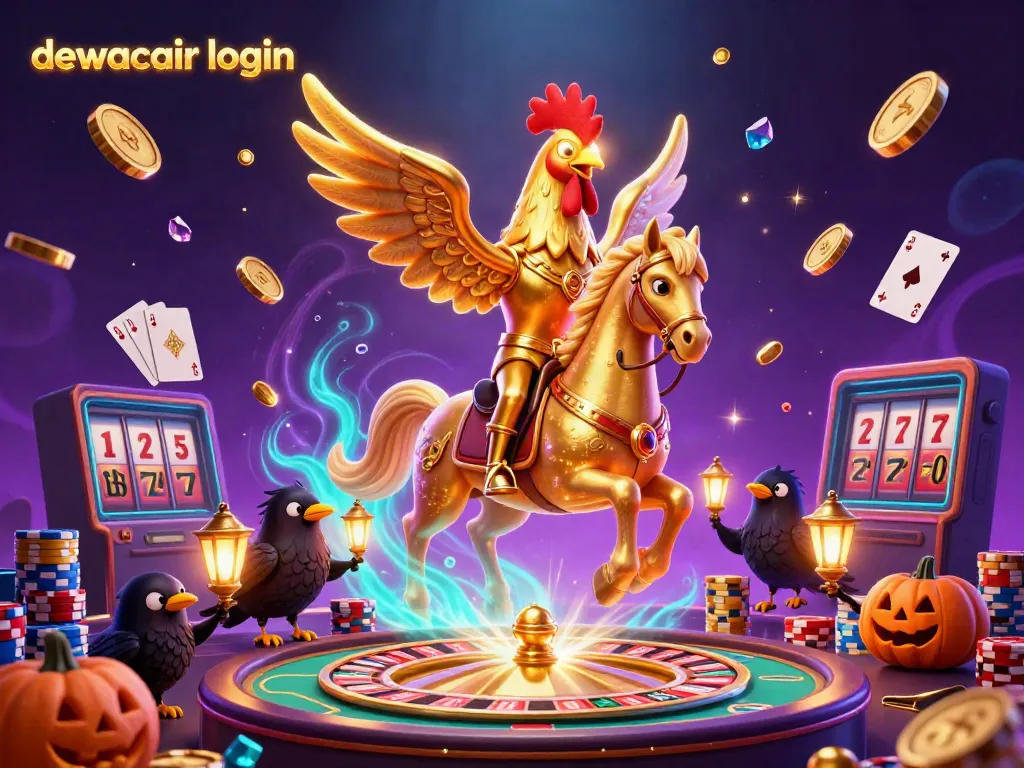 Experience the excitement of dewacair login with a golden rooster in a surreal casino scene.