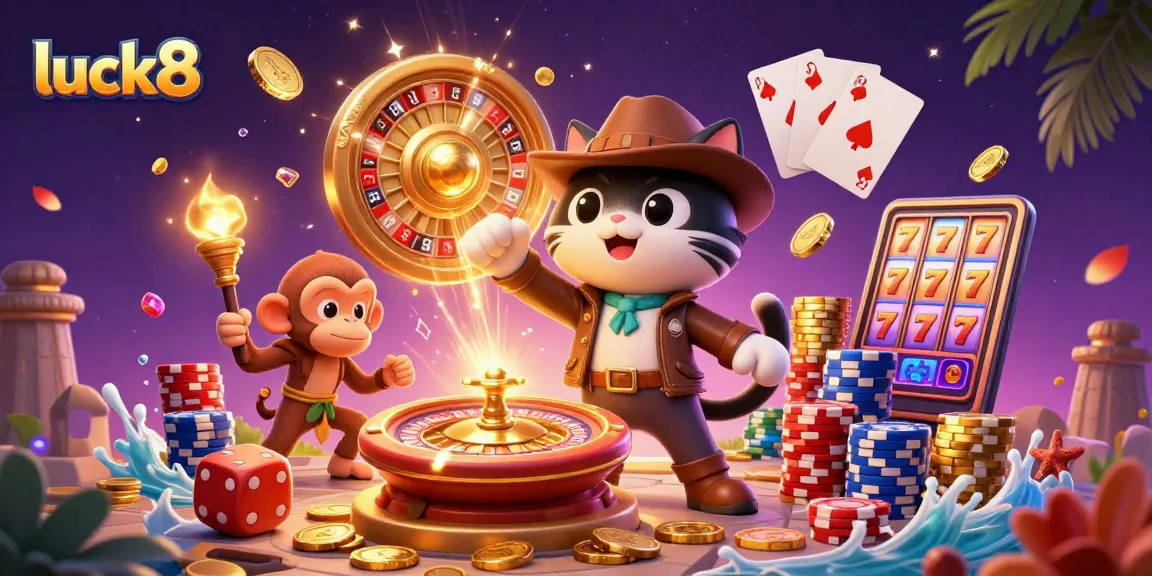 Engage luck8 as the cat explorer uncovers a golden artifact in a vibrant casino scene.