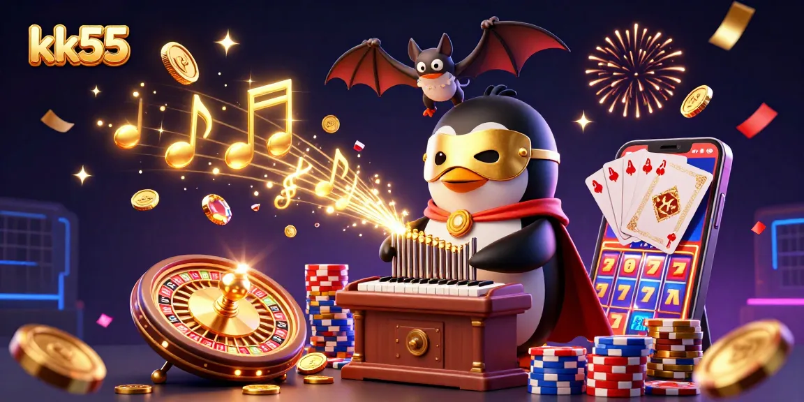 Experience exciting gaming at kk55 with vibrant golden coins, roulette, and more in a colorful casino scene.