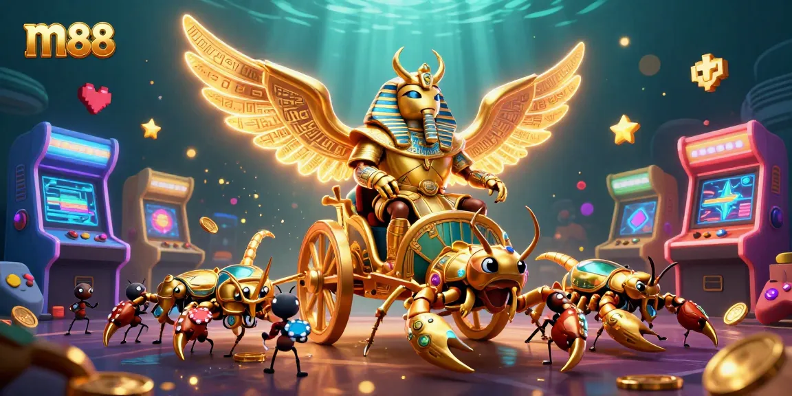 Bet on m88 with vibrant gambling elements and lively illustrations showcasing casino games.