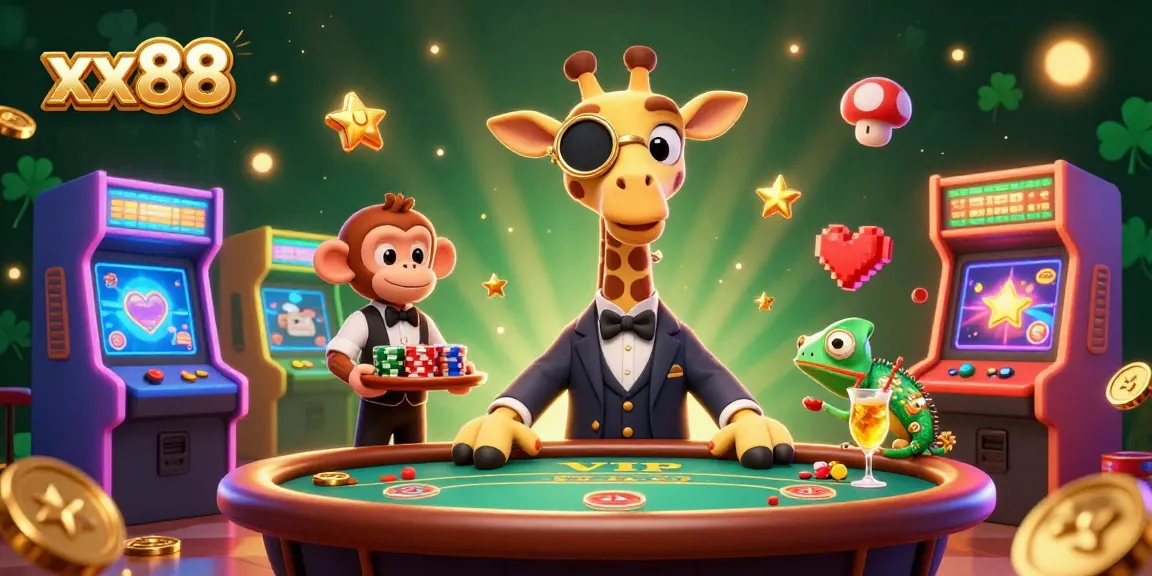 Experience excitement at xx88 with a vibrant 3D casino scene featuring a giraffe, monkey, and chameleon.