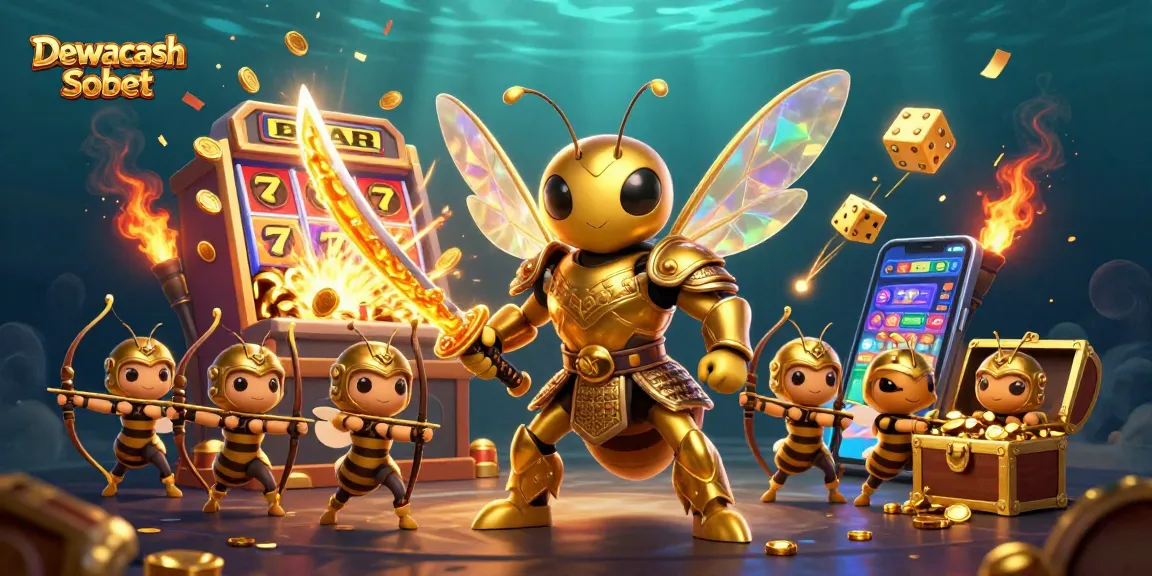 Dewacash Sbobet showcases dynamic gameplay with a golden hornet and casino elements in a vibrant casino illustration.