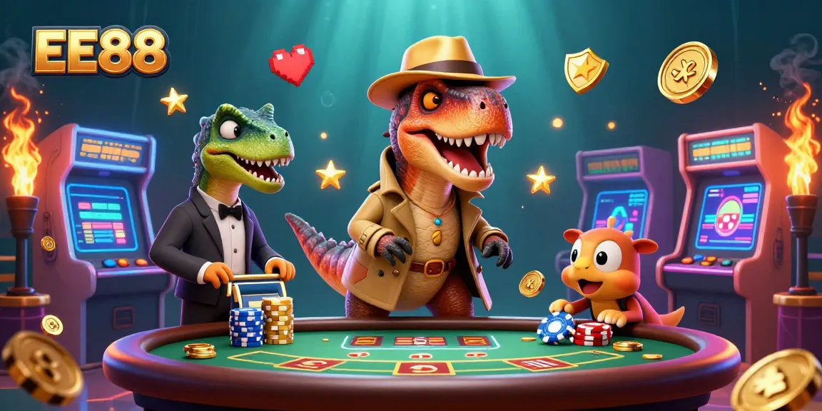Experience thrilling gaming at EE88 with a velociraptor card counter and casino elements.