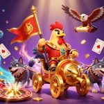 Spin jackpots at nổ hũ with a rooster warlord and magical casino elements in a vibrant 3D scene.