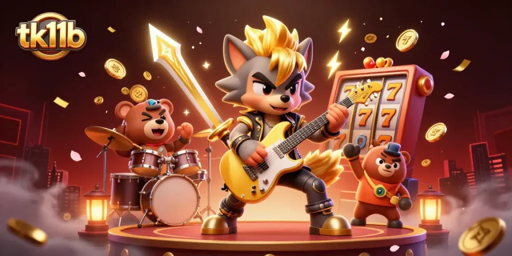 tk11b showcases an energetic scene with a wolf rock star and bear drummer among slot machine reels and golden confetti.