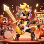 tk11b showcases an energetic scene with a wolf rock star and bear drummer among slot machine reels and golden confetti.