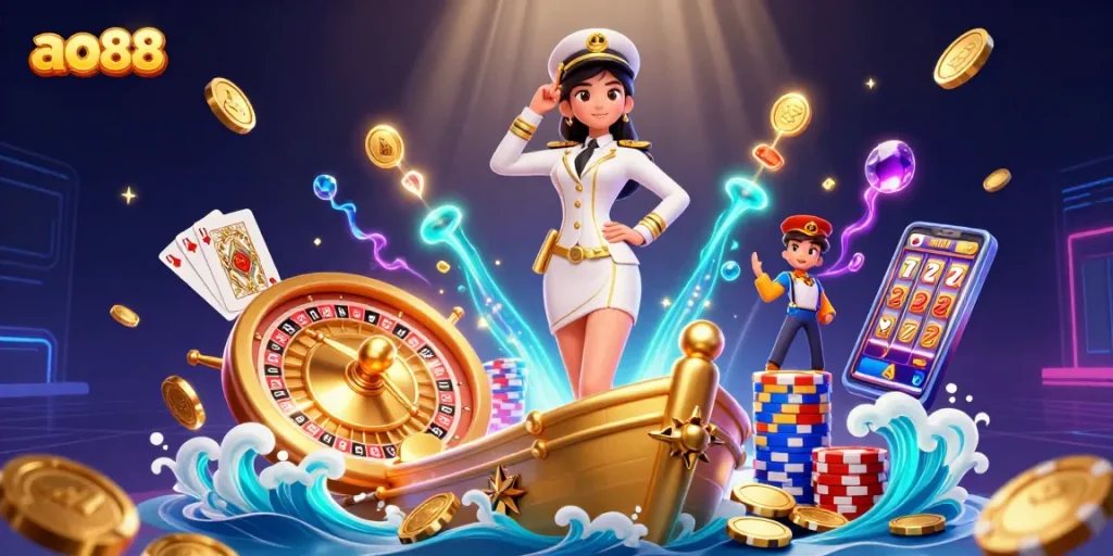 Spin to win at ao88 with a dazzling scene of golden coins and vibrant casino elements.