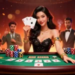 Engage in thrilling hit games at the vibrant casino with ace playing cards and rich chip stacks.