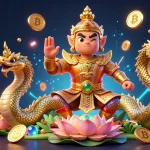 Vincere ai casino crypto con simboli Bitcoin e Ethereum mentre il guardiano in armatura dorata sorride