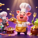 コインポーカーで、カラフルなスロットゲームや金貨を使った魅力的なシーンを描いたイラスト。