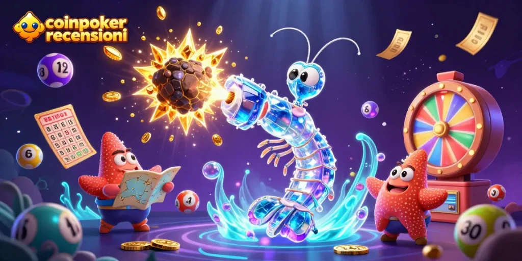 recensioni di CoinPoker: esplora il mondo del poker online e delle criptovalute con personaggi galattici e gemme dorate.