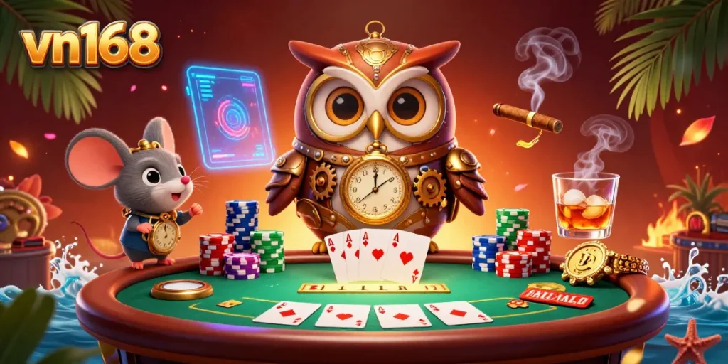 Experience the excitement at vn168 with a lively casino scene featuring an owl and mouse amidst dynamic poker action.